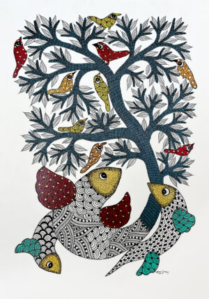 A3 size Gond art paiinting by Santu Tekam